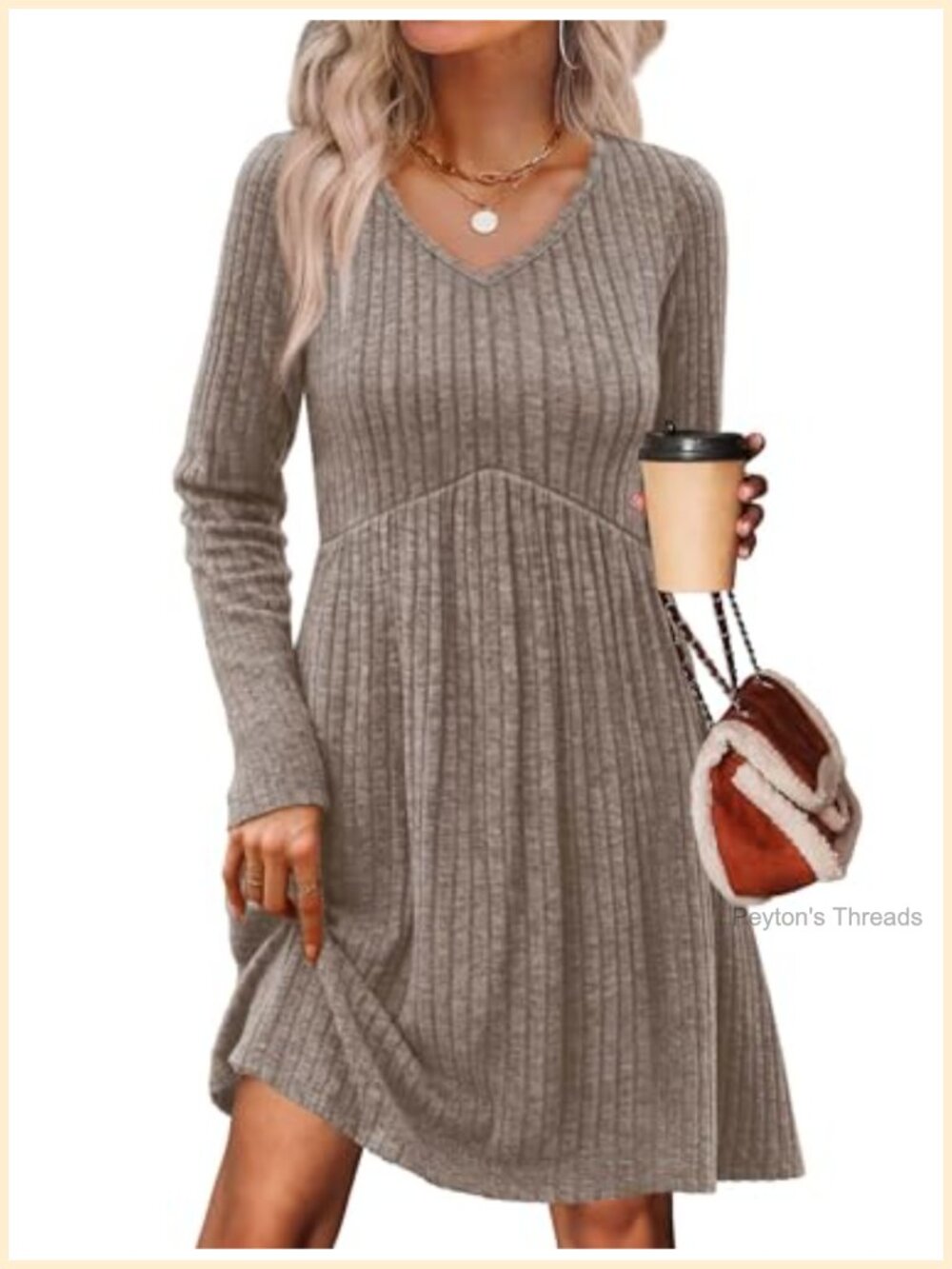 V Neck Long Sleeve Sweater Dress Empire Waist Babydoll Casual with Pockets
